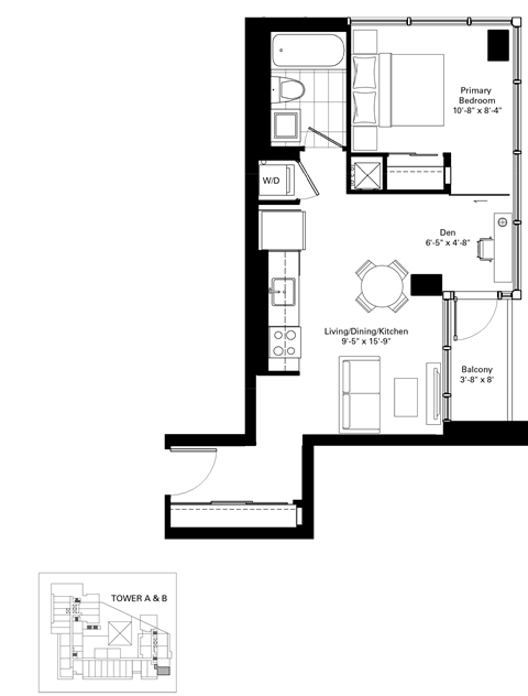 Floor plan for 1 bed, 1 bath, 505 sqft